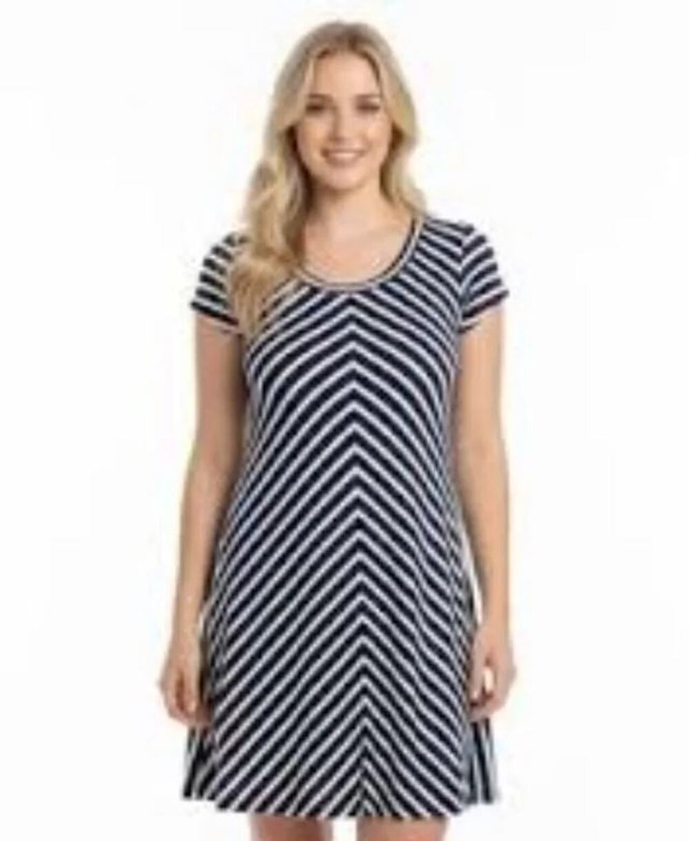 T by Talbots Navy White Chevron French Terry A-Line Dress Size M